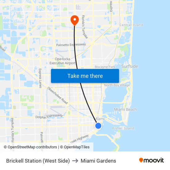 Brickell Station (West Side) to Miami Gardens map