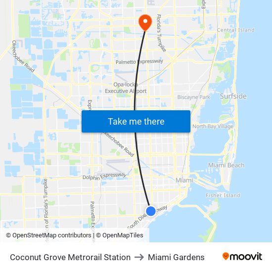 Coconut Grove Metrorail Station to Miami Gardens map