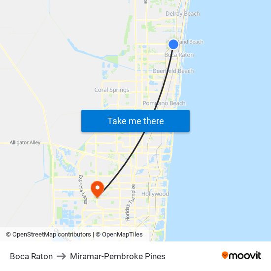 Boca Raton to Miramar-Pembroke Pines map