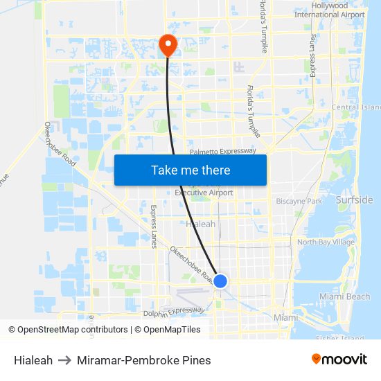 Hialeah to Miramar-Pembroke Pines map