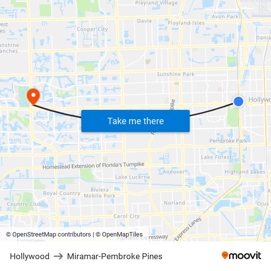 Hollywood to Miramar-Pembroke Pines map