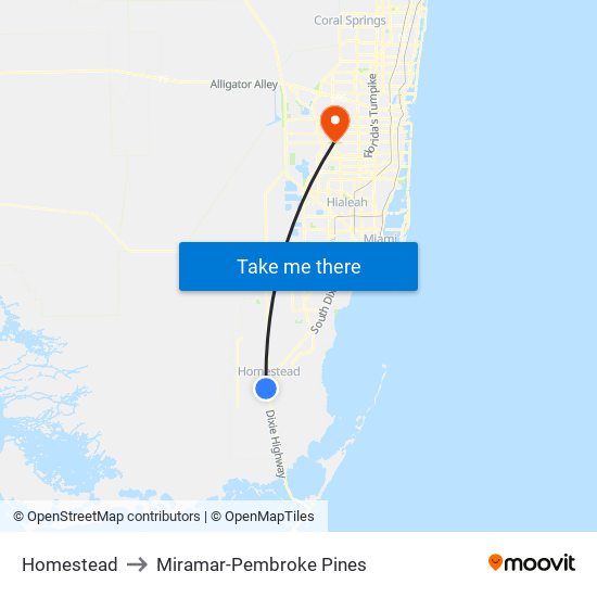 Homestead to Miramar-Pembroke Pines map