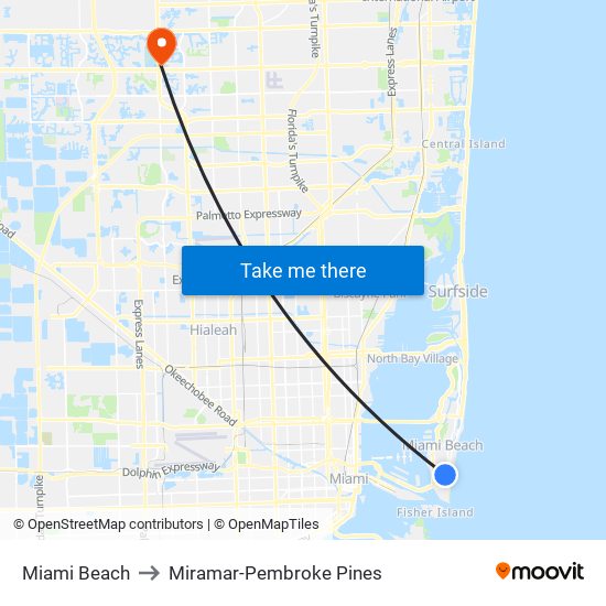 Miami Beach to Miramar-Pembroke Pines map