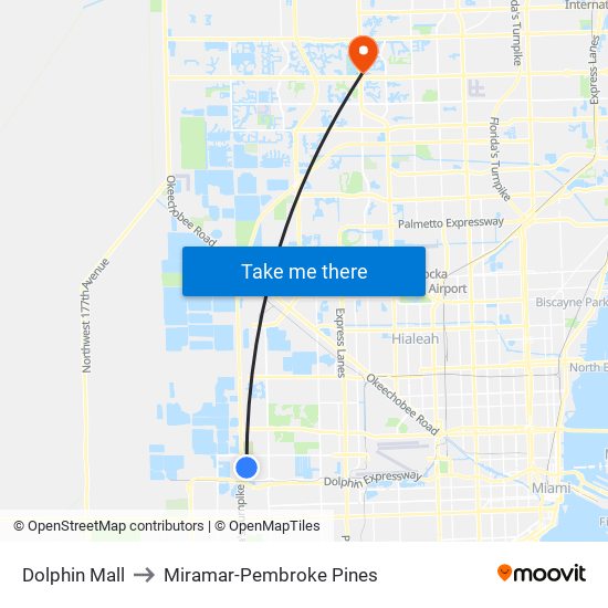 Dolphin Mall to Miramar-Pembroke Pines map