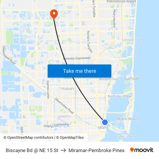 Biscayne Bd @ NE 15 St to Miramar-Pembroke Pines map