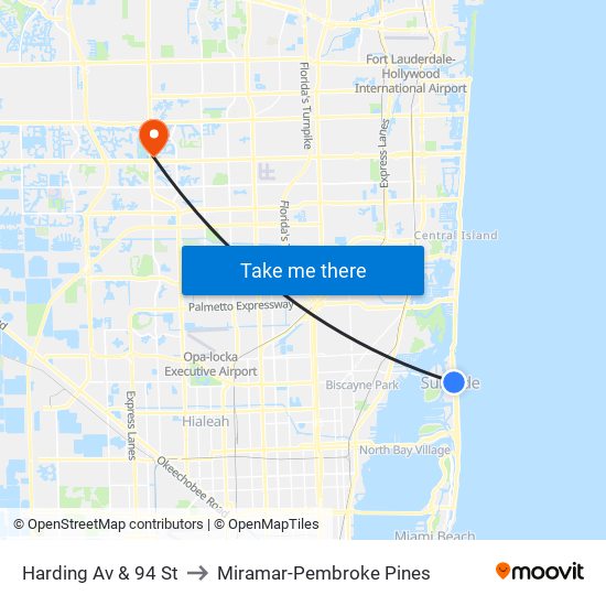 Harding Av & 94 St to Miramar-Pembroke Pines map