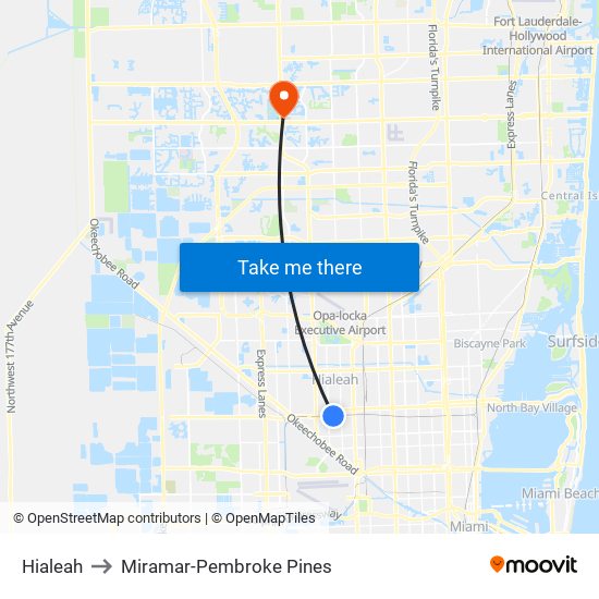 Hialeah to Miramar-Pembroke Pines map