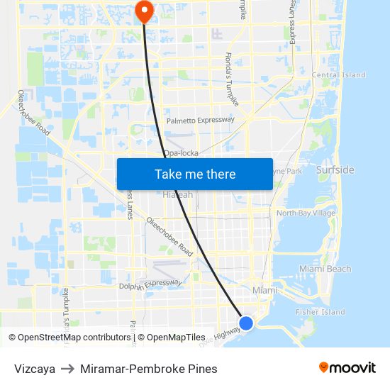 Vizcaya to Miramar-Pembroke Pines map