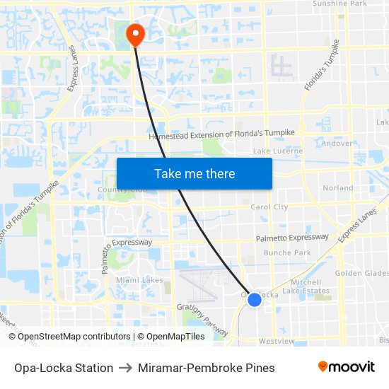 Opa-Locka Station to Miramar-Pembroke Pines map