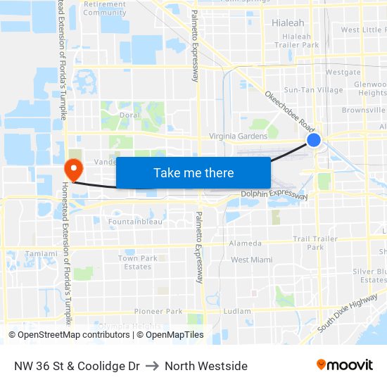 NW 36 St & Coolidge Dr to North Westside map