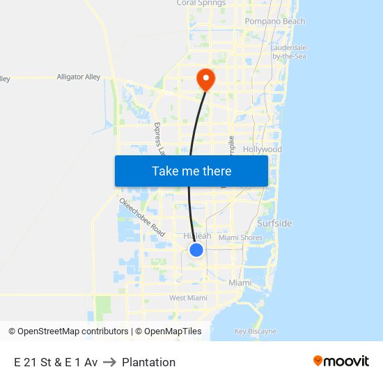 E 21 St & E 1 Av to Plantation map