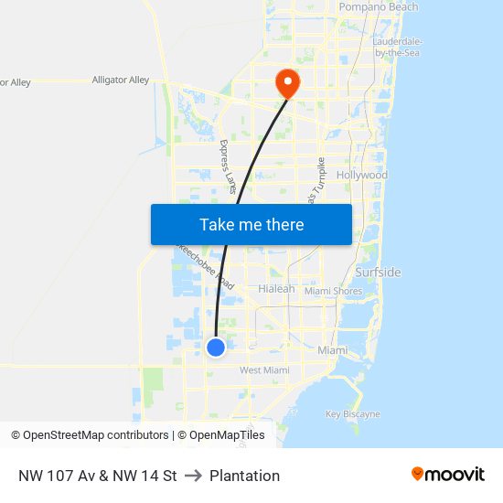 NW 107 Av & NW 14 St to Plantation map