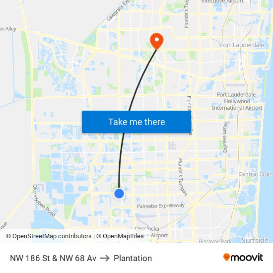 NW 186 St & NW 68 Av to Plantation map