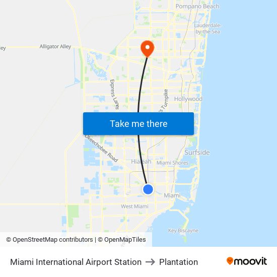 Miami International Airport Station to Plantation map