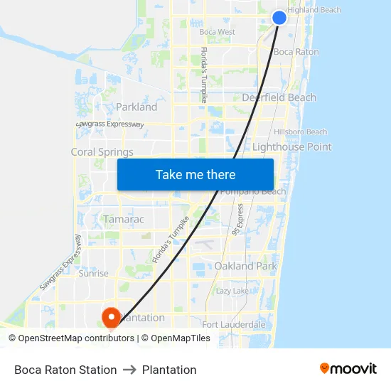 Boca Raton Station to Plantation map
