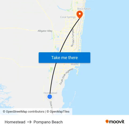 Homestead to Pompano Beach map