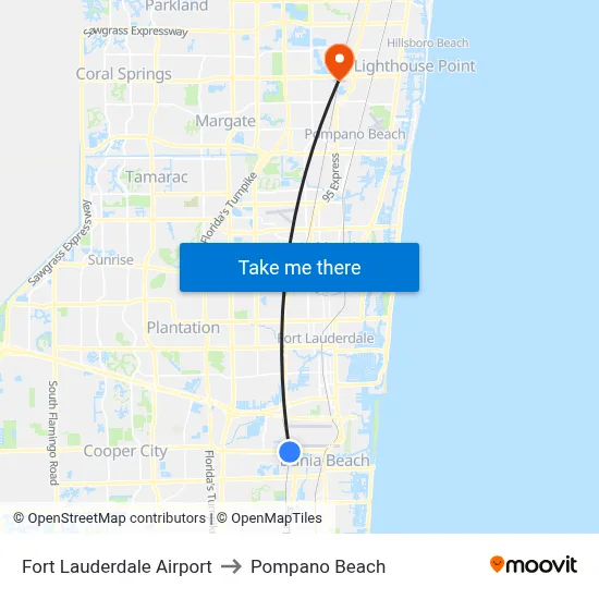 Fort Lauderdale Airport to Pompano Beach map
