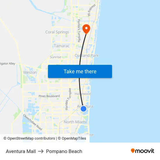 Aventura Mall to Pompano Beach map