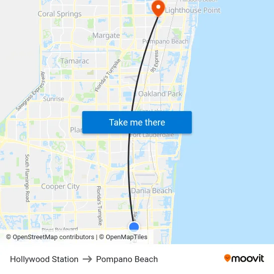 Hollywood Station to Pompano Beach map