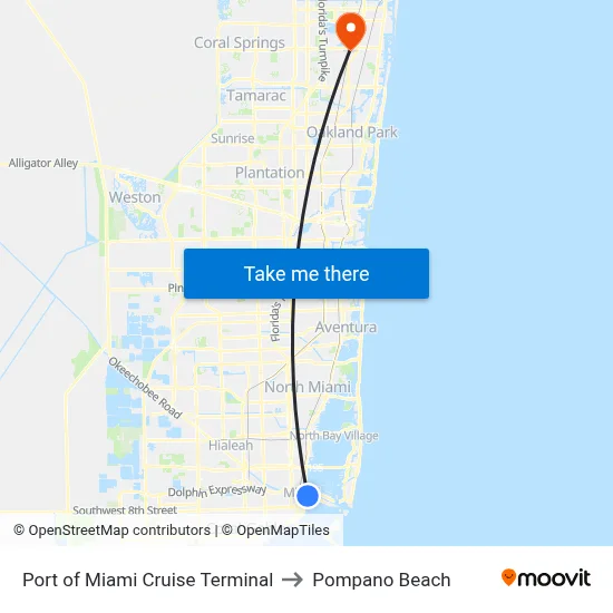 Port of Miami Cruise Terminal to Pompano Beach map