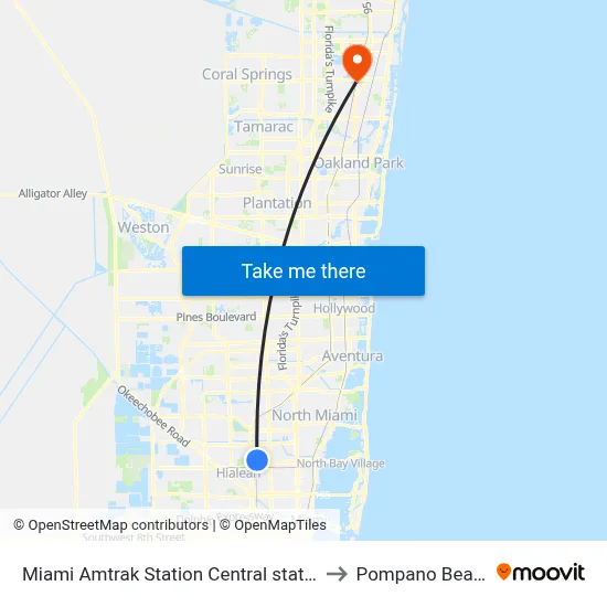Miami Amtrak Station Central station to Pompano Beach map