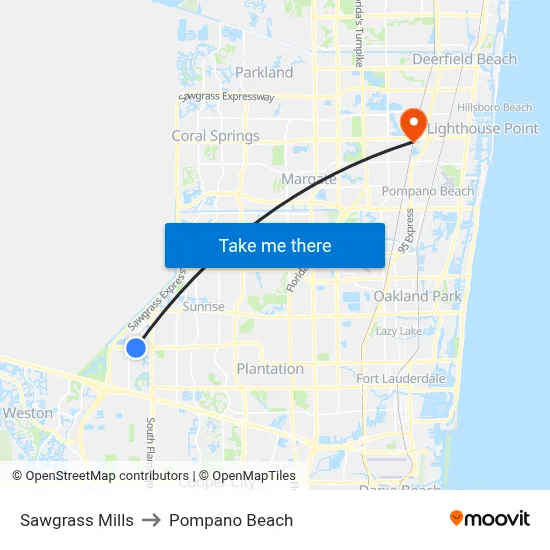 Sawgrass Mills to Pompano Beach map