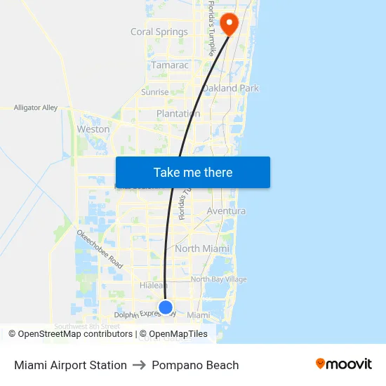 Miami Airport Station to Pompano Beach map