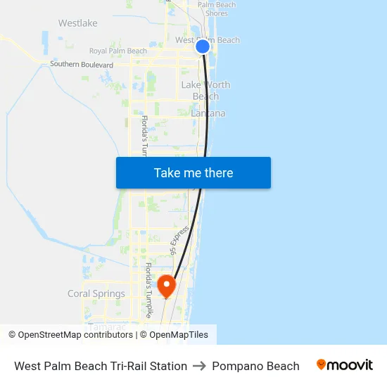 West Palm Beach Tri-Rail Station to Pompano Beach map