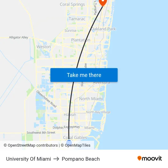 University Of Miami to Pompano Beach map