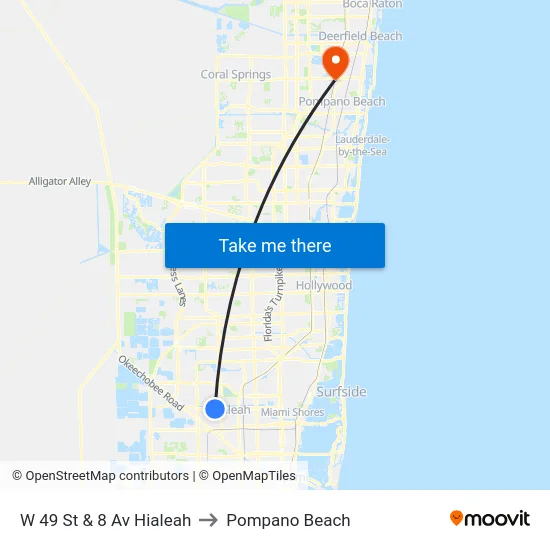 W 49 St & 8 Av Hialeah to Pompano Beach map