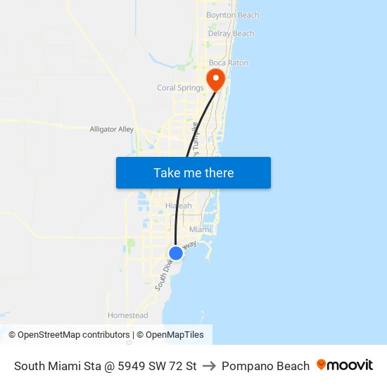 South Miami Sta @ 5949 SW 72 St to Pompano Beach map