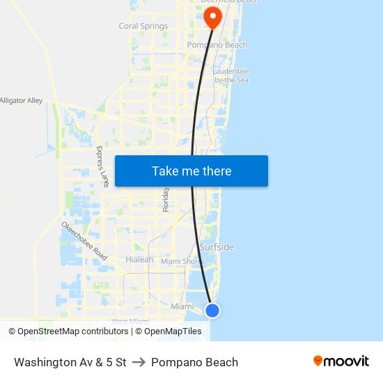 Washington Av & 5 St to Pompano Beach map