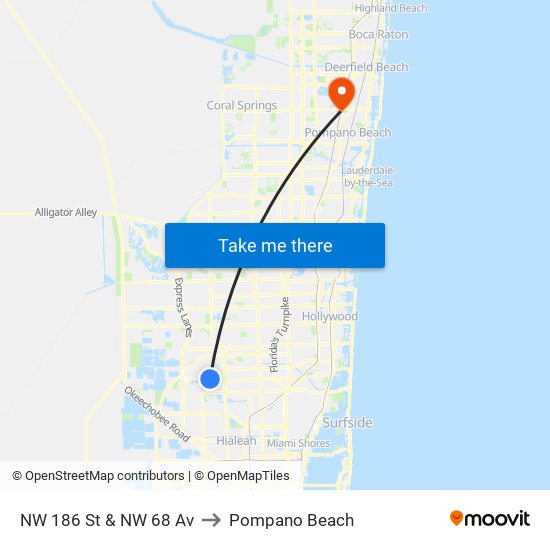 NW 186 St & NW 68 Av to Pompano Beach map