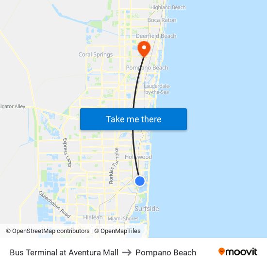 Bus Terminal at Aventura Mall to Pompano Beach map