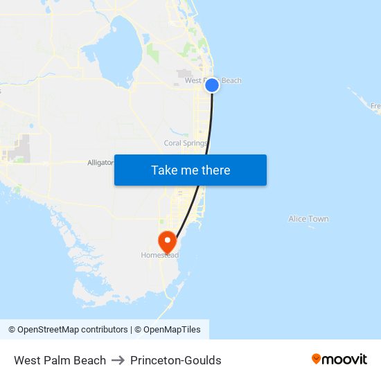 West Palm Beach to Princeton-Goulds map