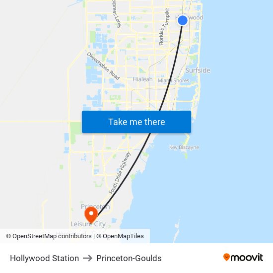 Hollywood Station to Princeton-Goulds map