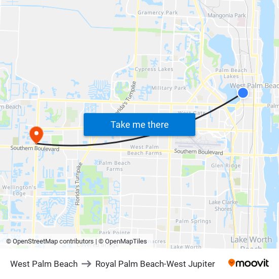 West Palm Beach to Royal Palm Beach-West Jupiter map