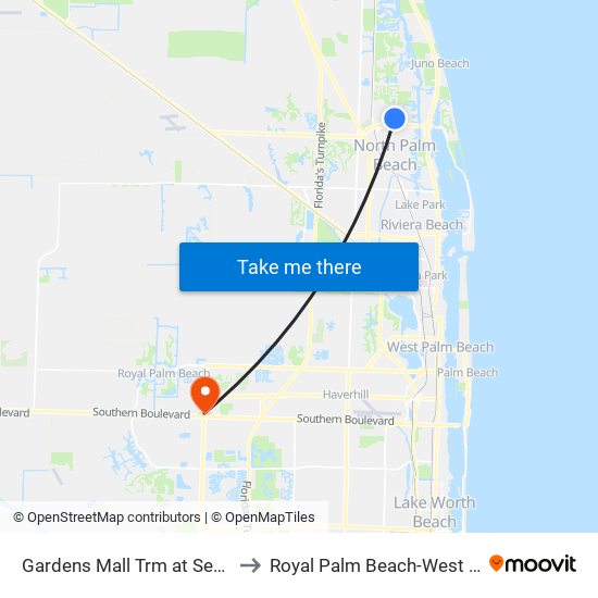 Gardens Mall Trm at Sears Trm to Royal Palm Beach-West Jupiter map