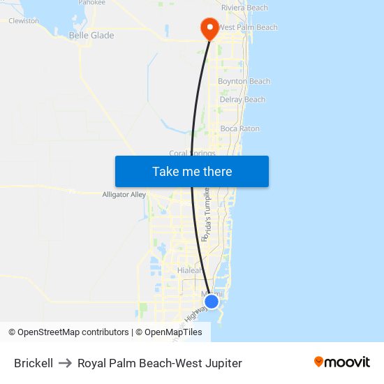 Brickell to Royal Palm Beach-West Jupiter map