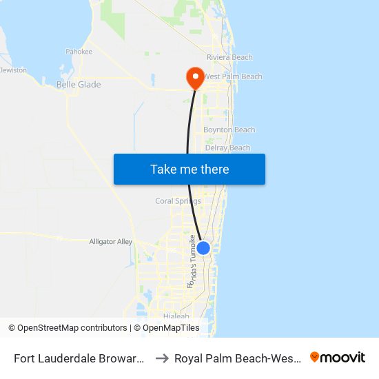 Fort Lauderdale Broward Station to Royal Palm Beach-West Jupiter map