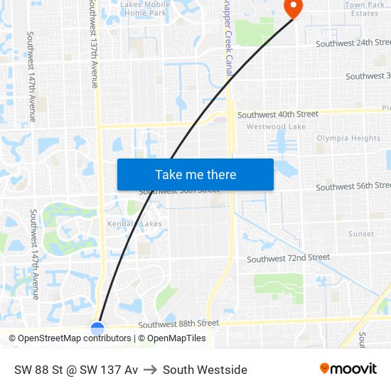 SW 88 St @ SW 137 Av to South Westside map