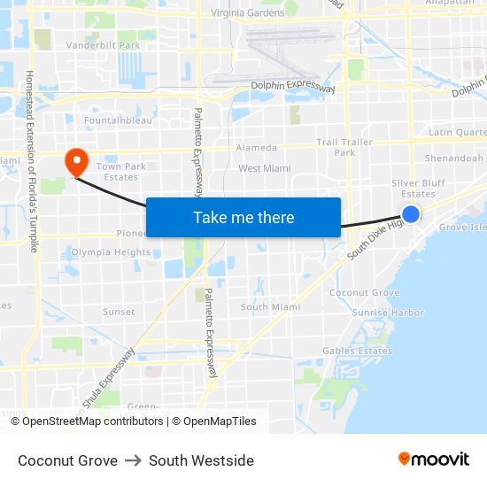 Coconut Grove to South Westside map