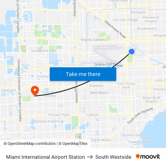 Miami International Airport Station to South Westside map