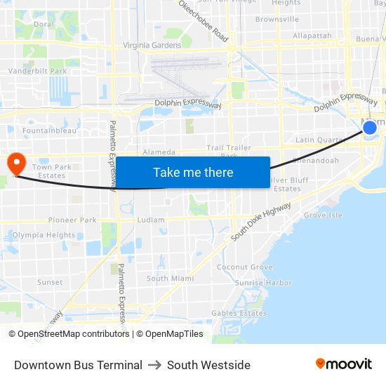 Downtown Bus Terminal to South Westside map