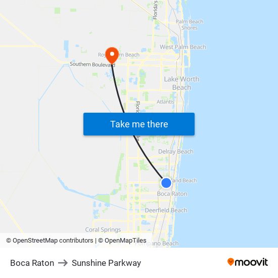 Boca Raton to Sunshine Parkway map