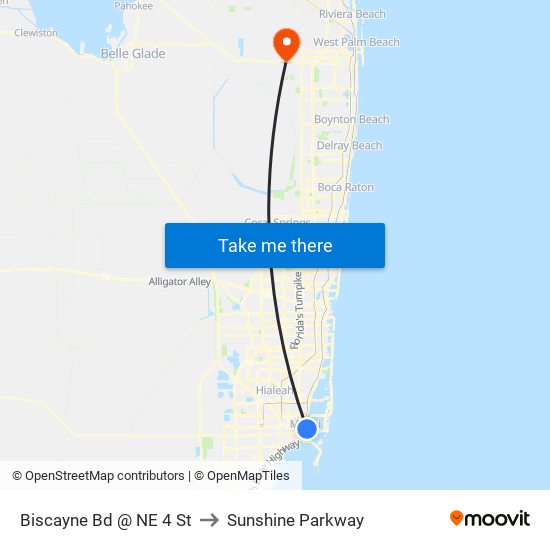 Biscayne Bd @ NE 4 St to Sunshine Parkway map