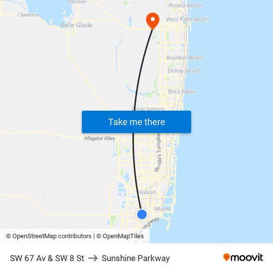 SW 67 Av & SW 8 St to Sunshine Parkway map