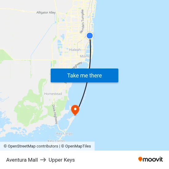 Aventura Mall to Upper Keys map