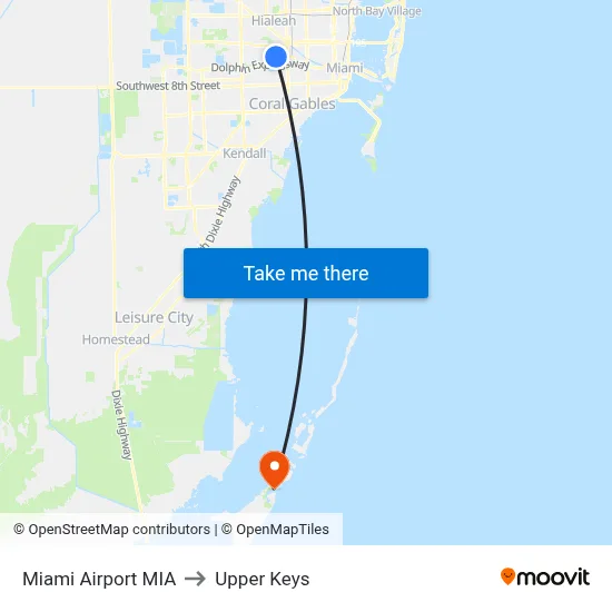 Miami Airport MIA to Upper Keys map