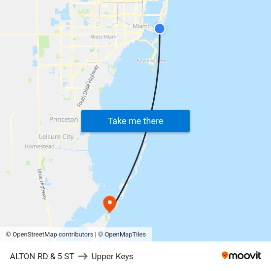 Alton Rd & 5 St to Upper Keys map